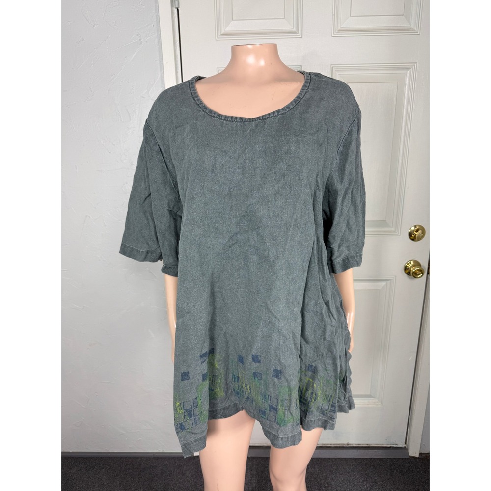 Blue Fish Women's Shirt One Size Linen Lagenlook Bohemian Floral Hand Painted I3